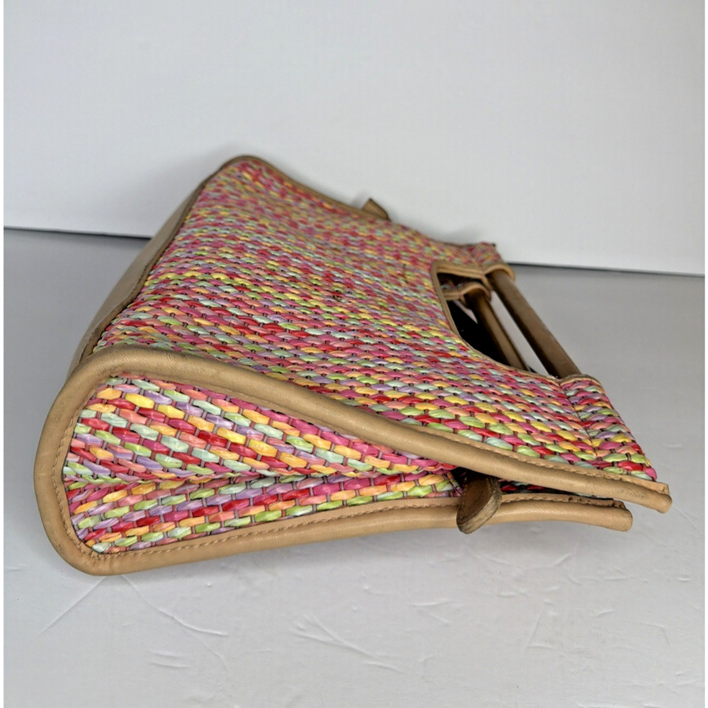 Vintage EGO Woven Straw Handbag Wood Handle Multicolor Resort Summer Chic Y2K - Picture 10 of 13